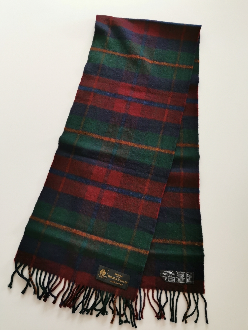 100% Lambswool Marks & Spencer St Michael Red, Green & Navy Tartan Plaid Scarf